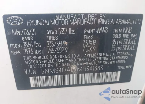 2021 Hyundai Santa Fe Limited z USA, uszkodzony, nr VIN 5NMS4DAL9MH341383